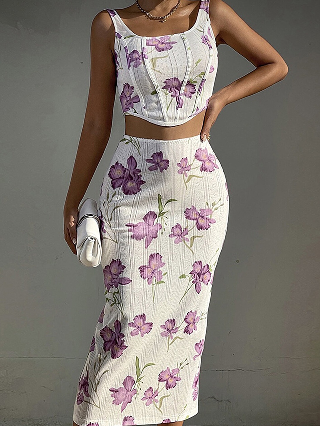 

LULU & SKY Floral Printed Corset Crop Top & Pencil Skirt, White