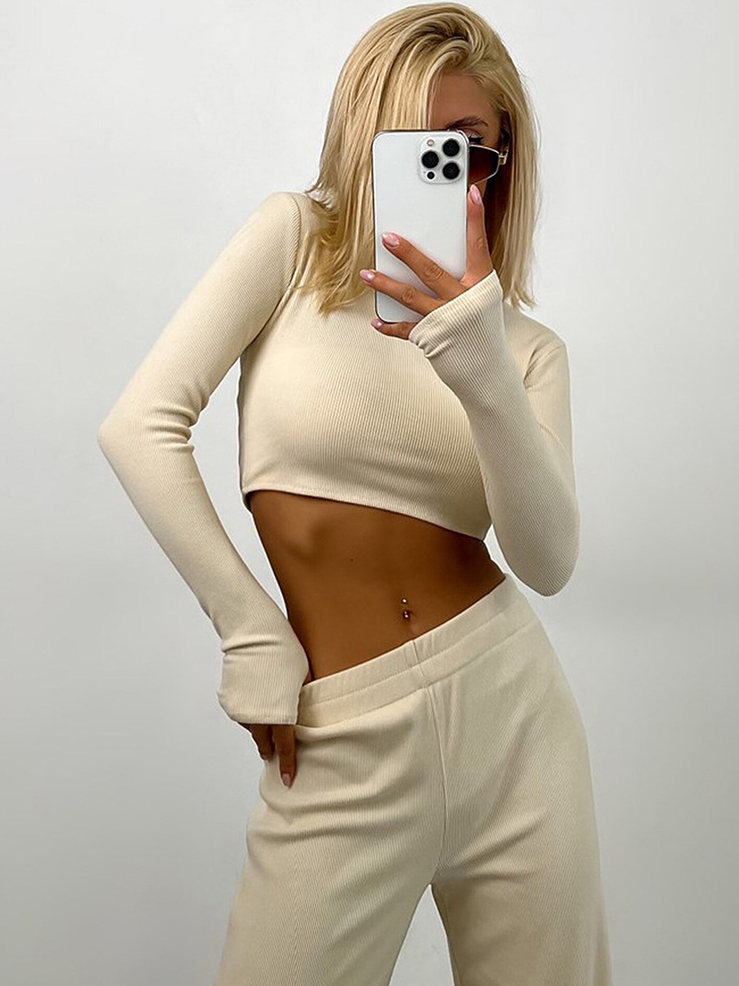 

LULU & SKY Ribbed Slim Fit Crop Top With Straight Leg Trouser, Beige