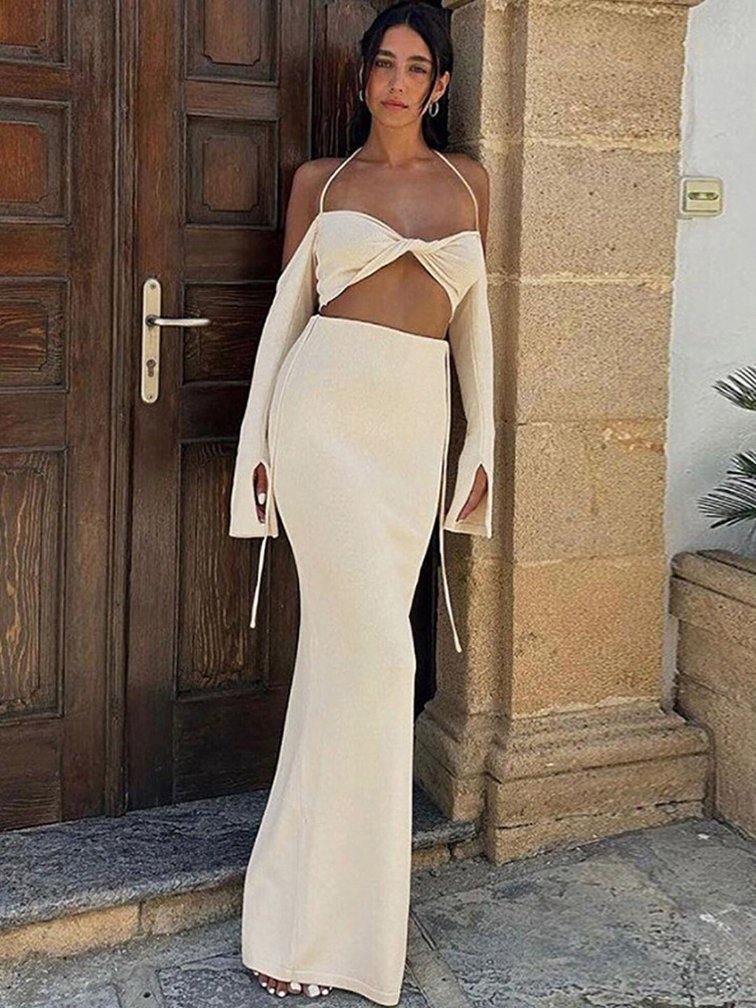 

LULU & SKY Twisted Crop Top & Sheath Long Skirt Co-Ords, Beige
