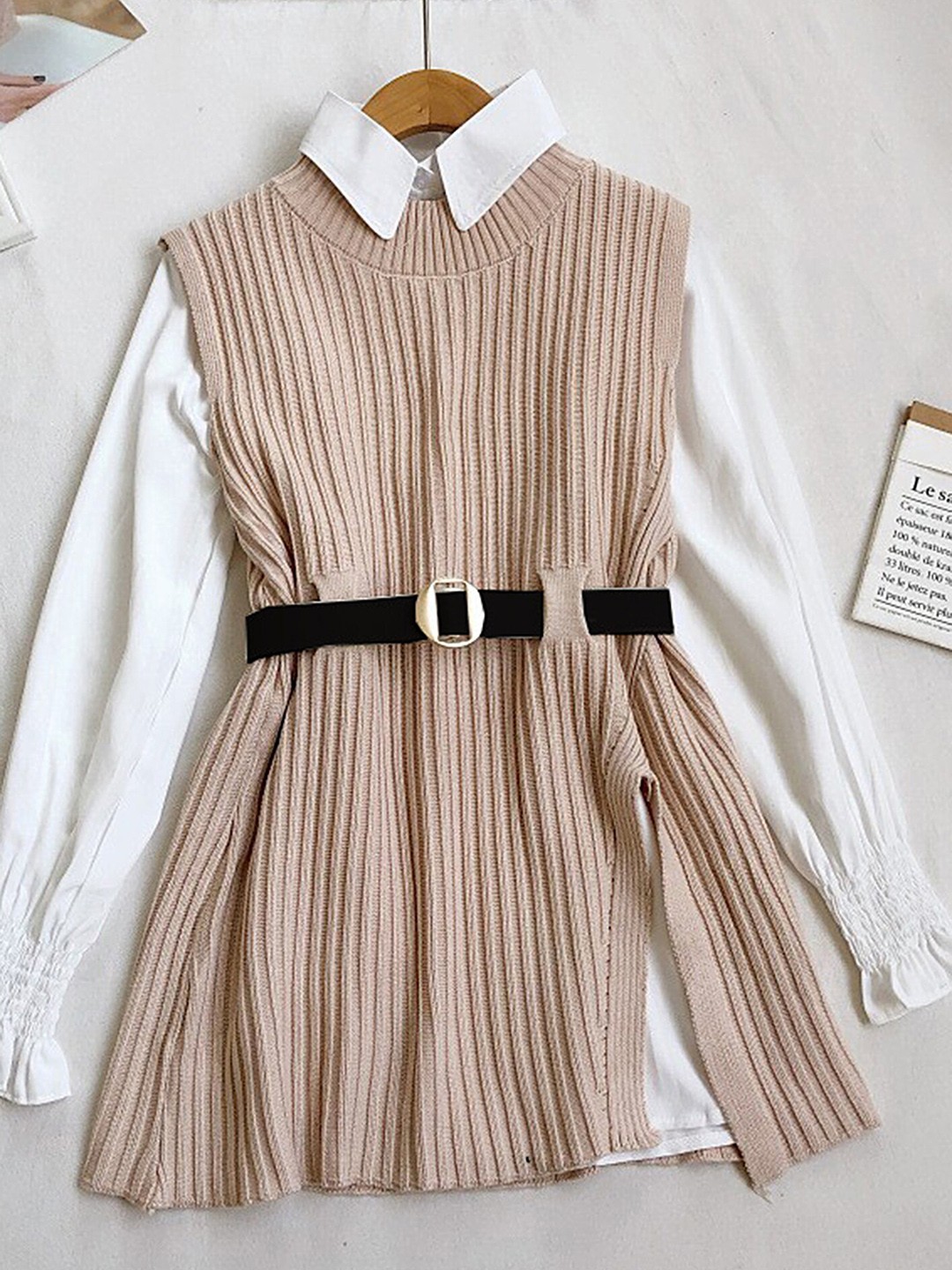 

LULU & SKY Mini Jumper Dress with Shirt & Belt, Khaki