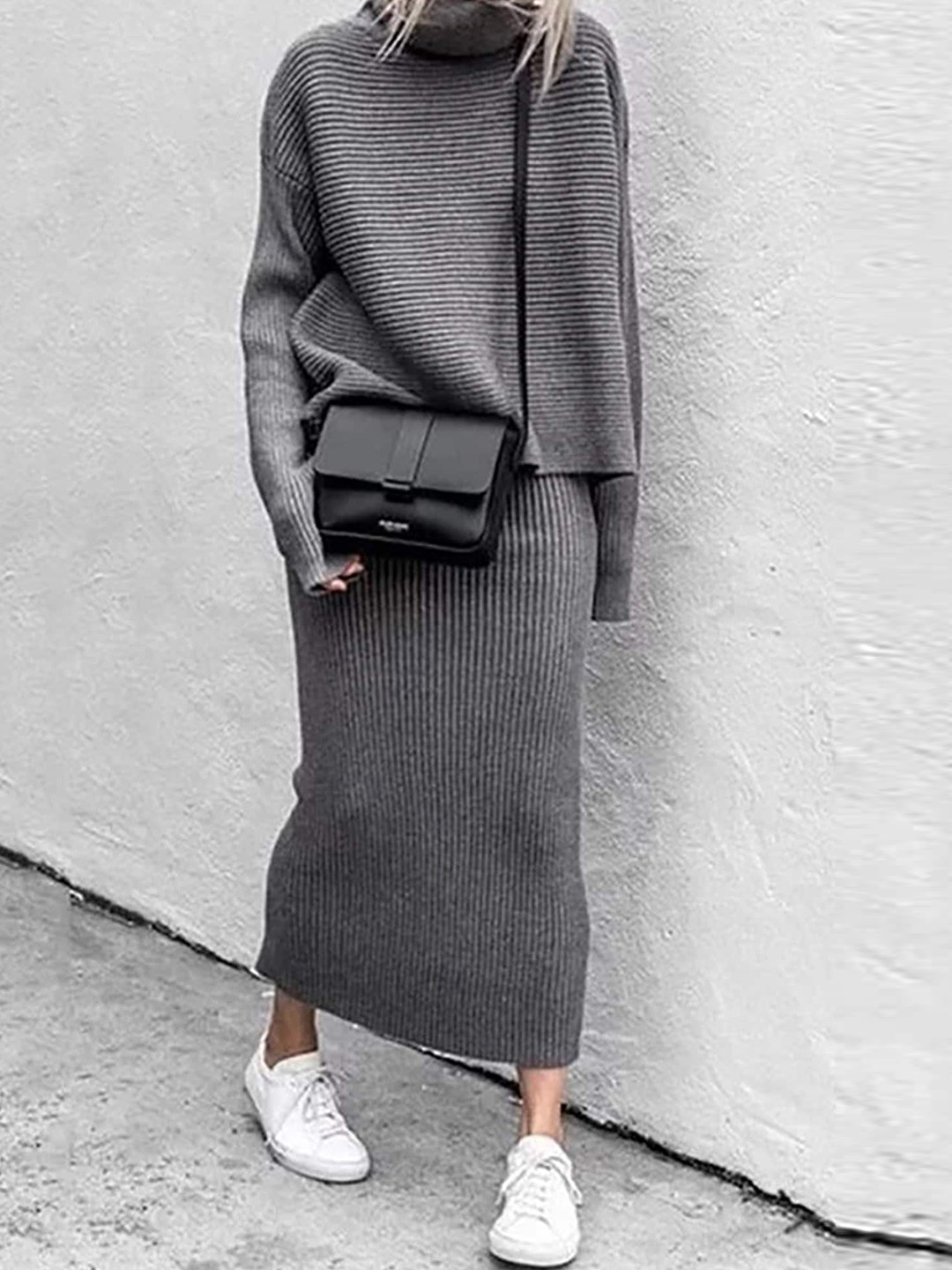 

LULU & SKY Ribbed High Neck Sweater With Midi Skirt, Grey