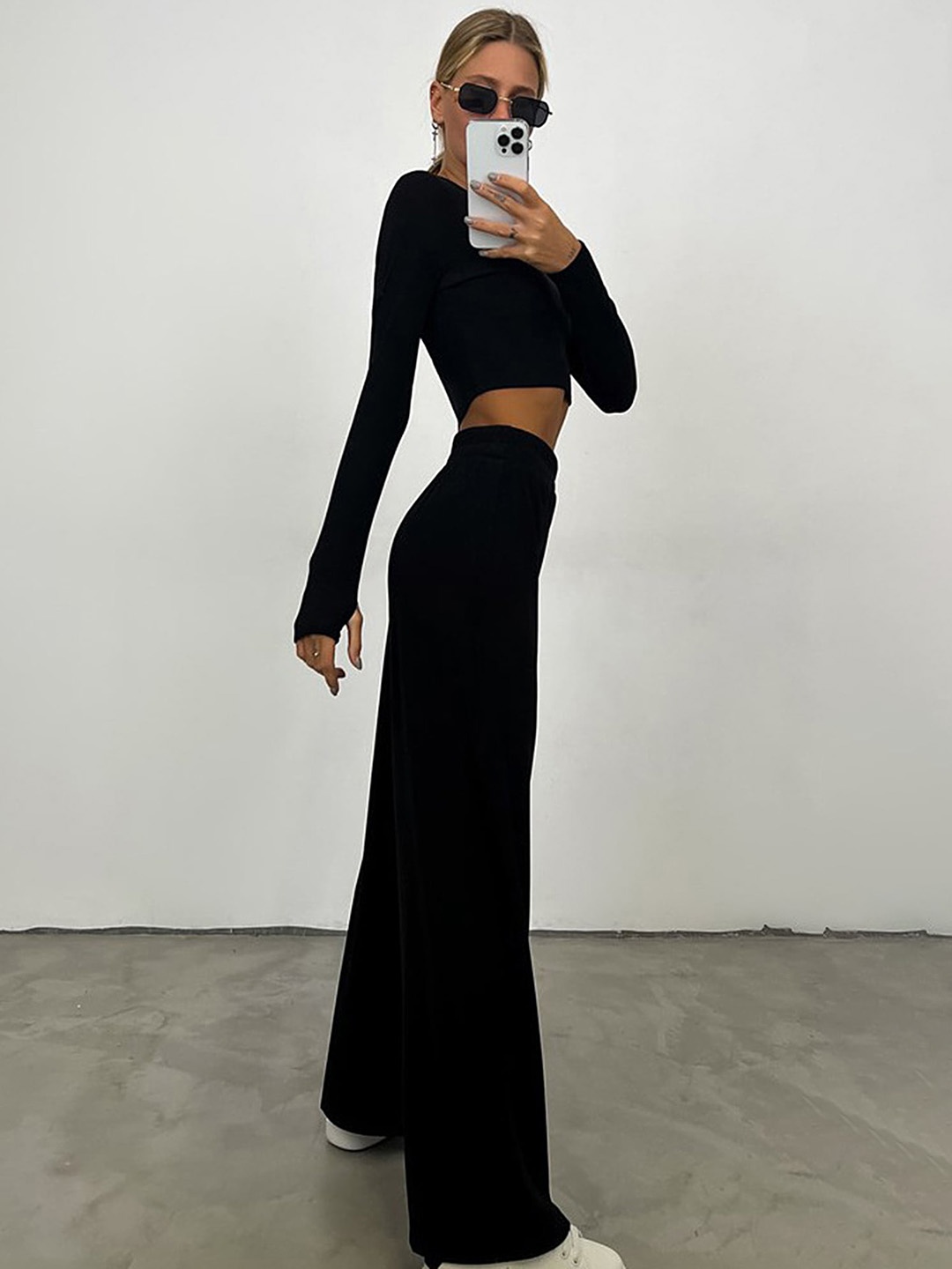 

LULU & SKY Thumbhole Crop Top With Straight Leg Trouser, Black