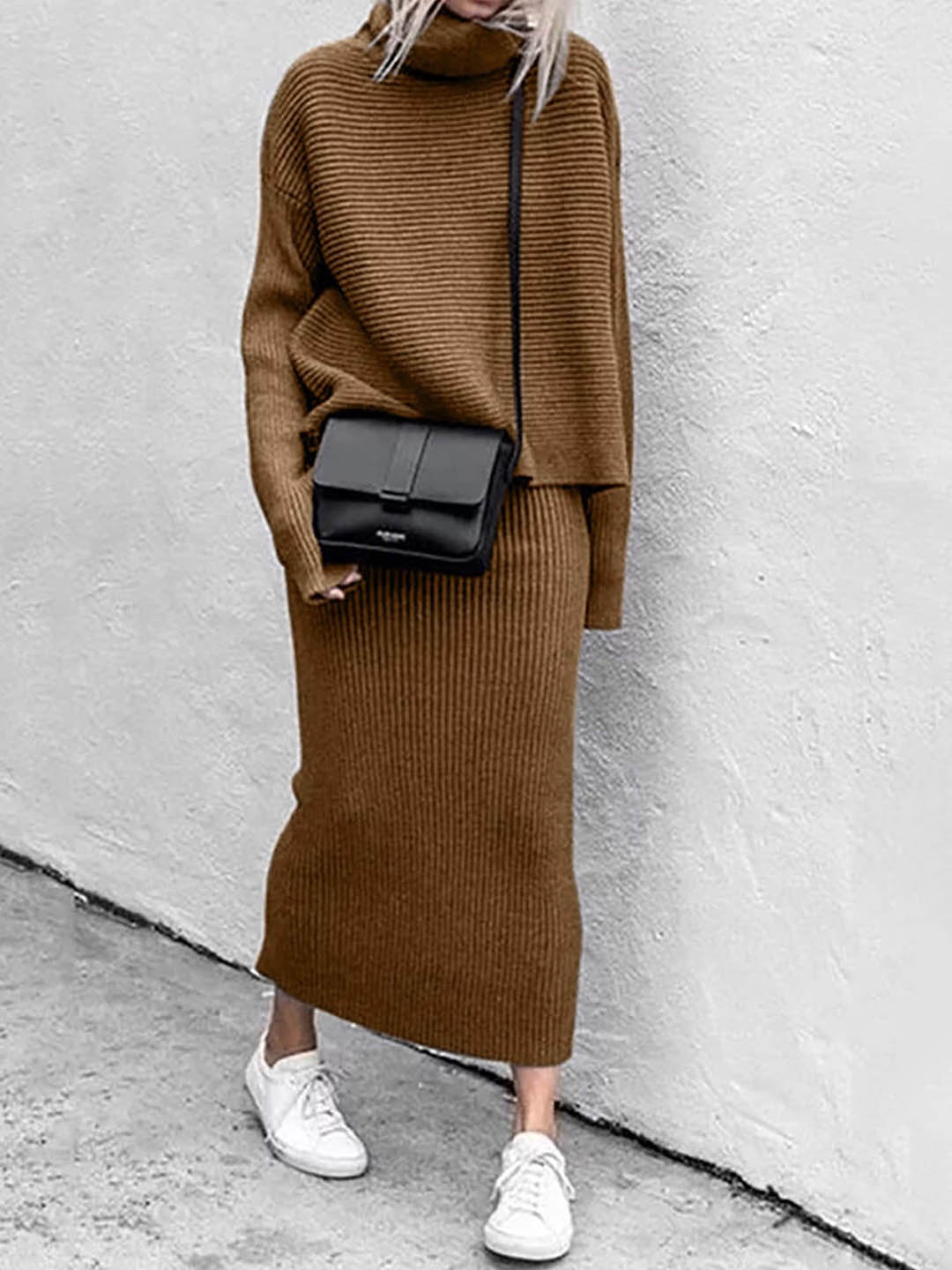 

LULU & SKY Ribbed High Neck Sweater With Midi Skirt, Brown