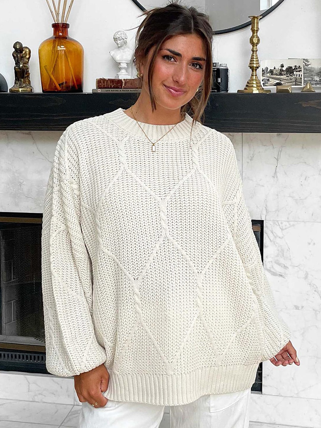 

LULU & SKY Cable Knit Self Design Pullover Oversized Sweater, White