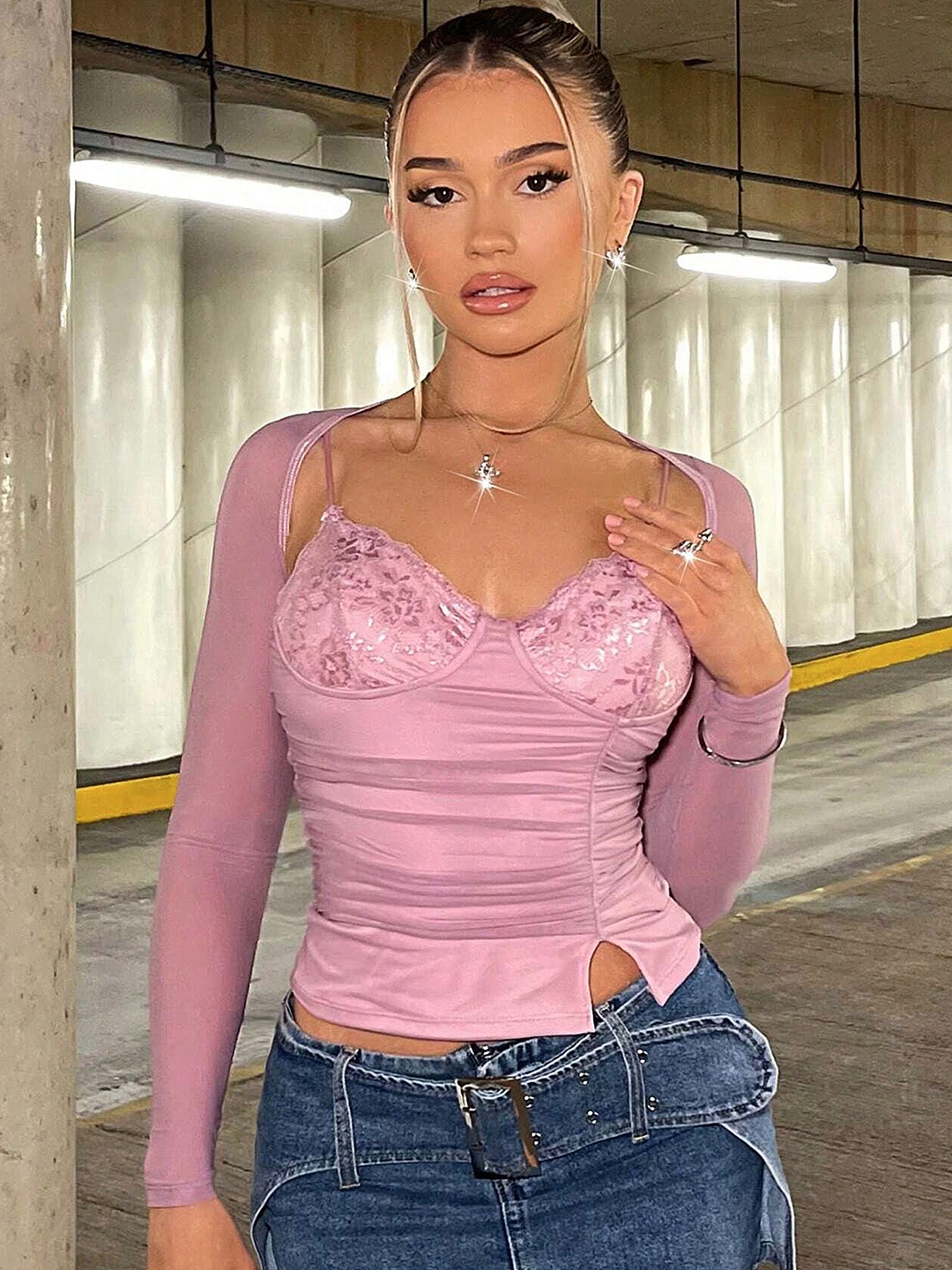 

LULU & SKY Pink Sweetheart Neck Top