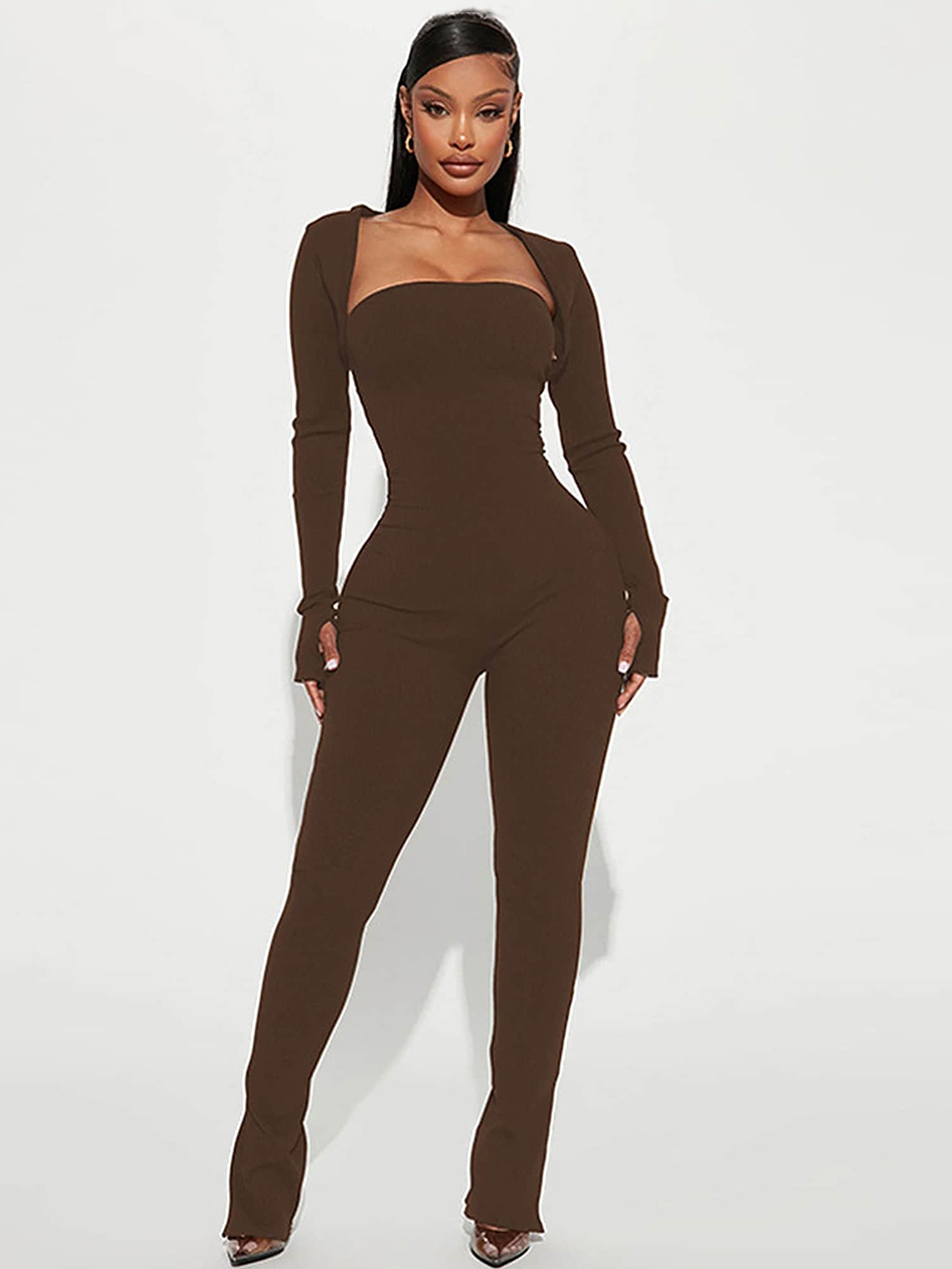 

LULU & SKY Square Neck Basic Jumpsuit, Brown