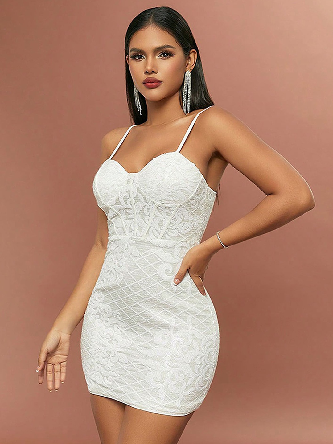 

LULU & SKY Self Design Shoulder Strap Bodycon Mini Dress, White