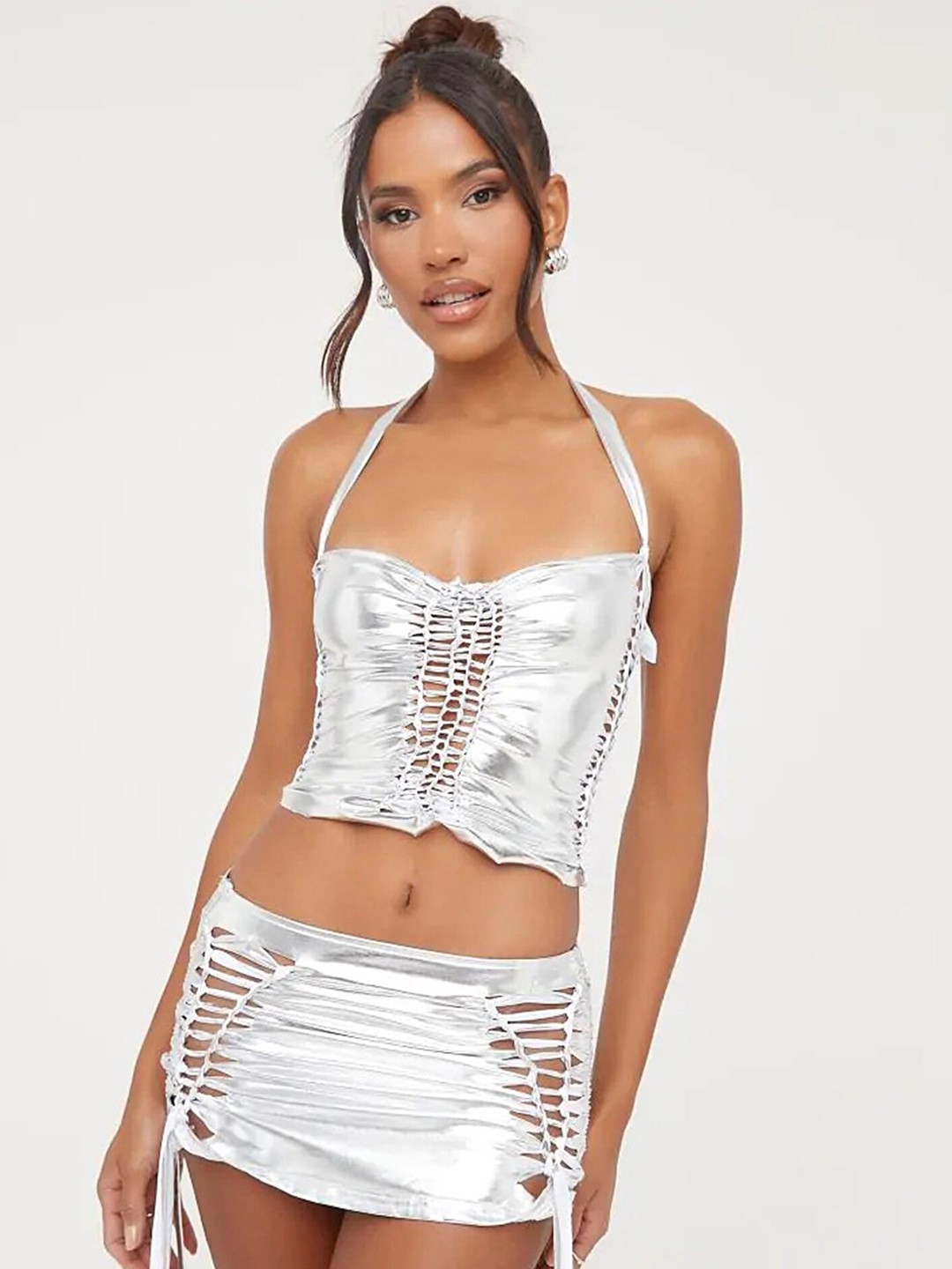 

LULU & SKY Halter Neck Top With Mini Skirt, Silver