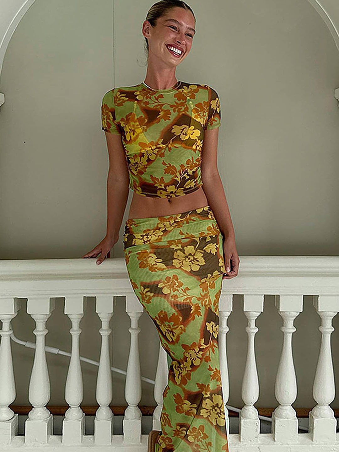 

LULU & SKY Floral Printed Top With Skirt, Green