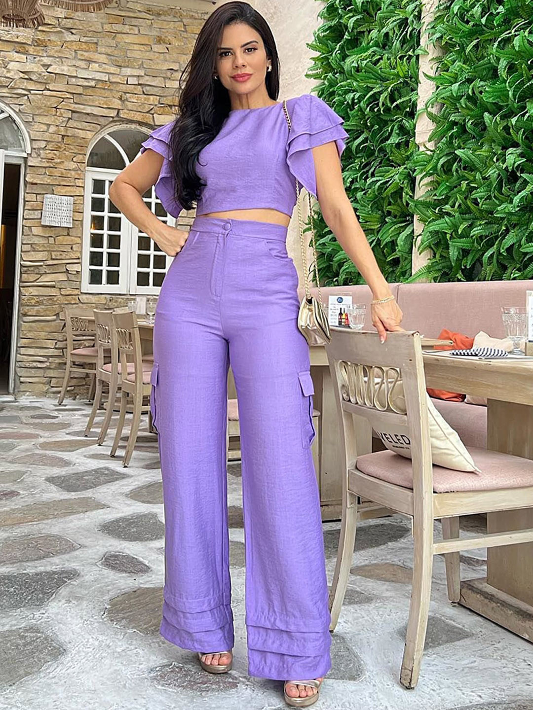 

LULU & SKY Round Neck Crop Top With Trouser, Purple