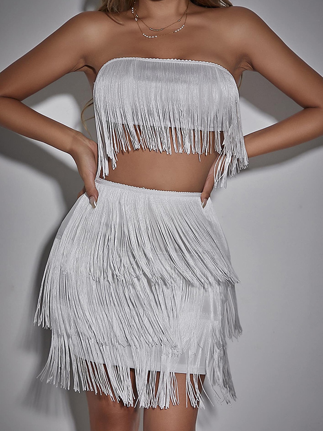 

LULU & SKY Self-Design Fringed Tube Crop Top & Mini Skirt, White