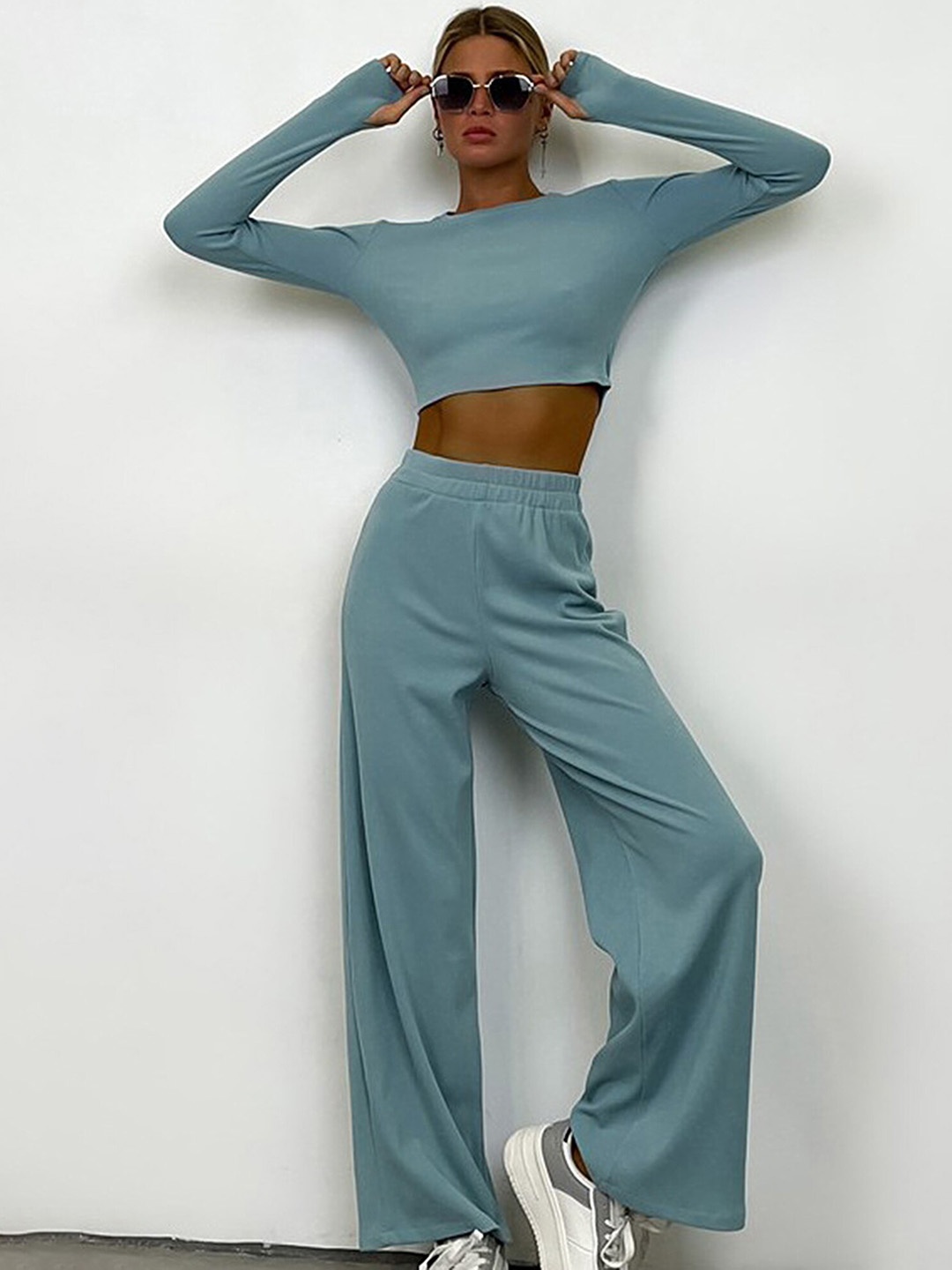 

LULU & SKY Ribbed Thumbhole Crop Top With Straight Leg Trouser, Green