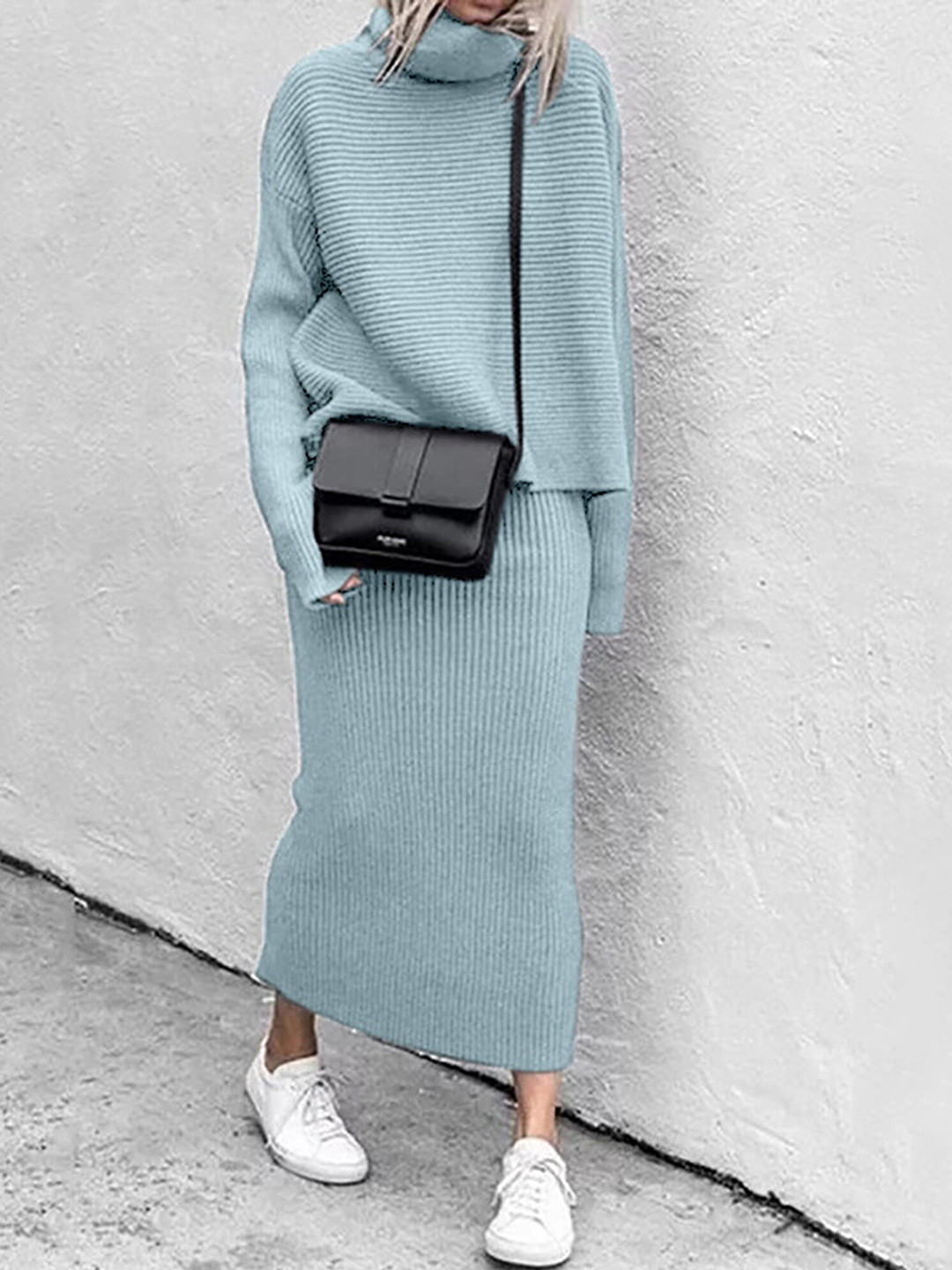 

LULU & SKY Ribbed Turtle Collar Neck Sweater With Flared Skirt, Blue