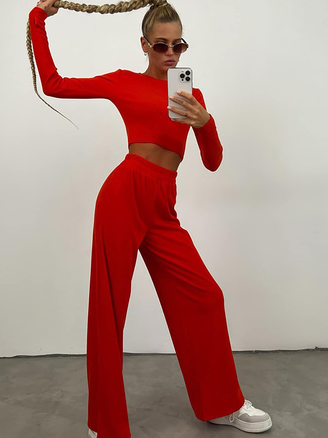 

LULU & SKY Self Design Slim Fit Top With Trousers Co-Ords, Red