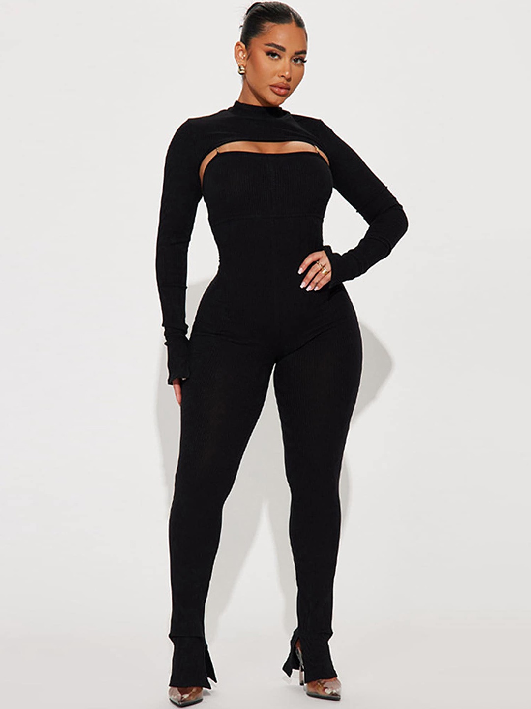 

LULU & SKY Shoulder Strap Jumpsuit With Cropped Bolero, Black