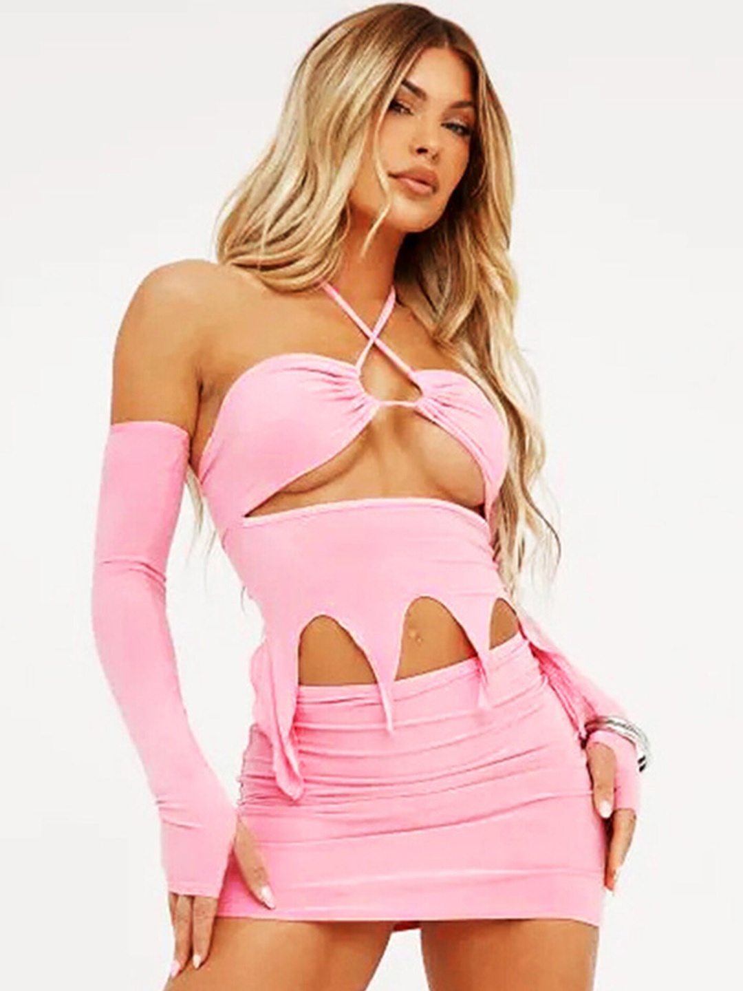 

LULU & SKY Halter-Neck Cut Top With Mini Skirt And Detachable Sleeves, Pink