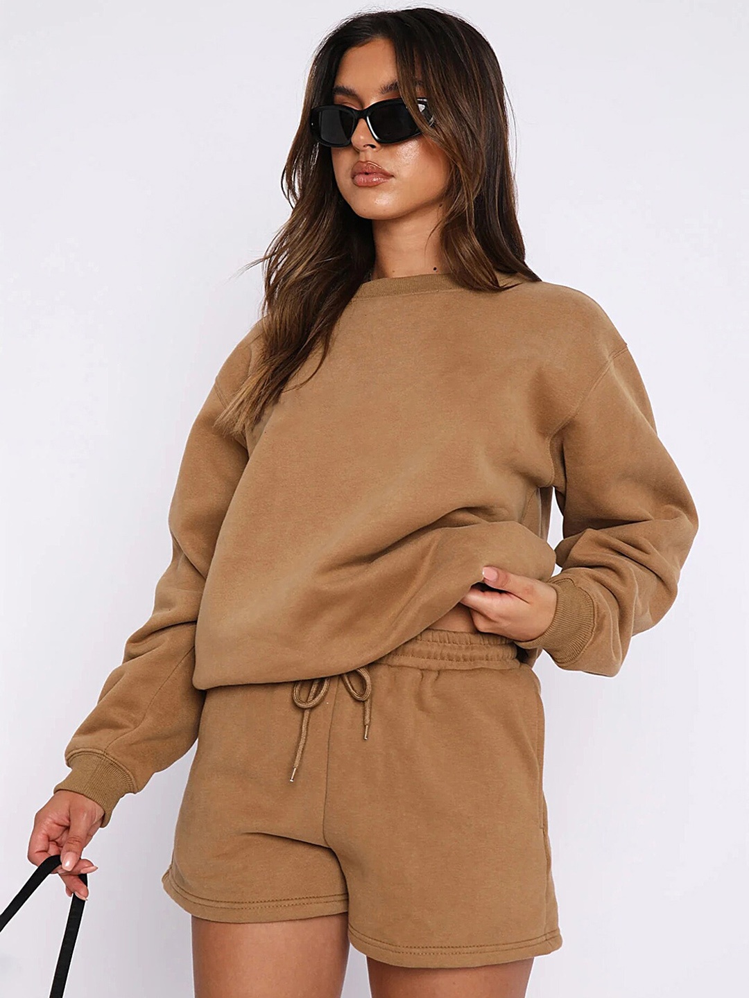 

LULU & SKY Round Neck Loose-Fit Sweatshirt & Shorts Co-Ords, Camel brown