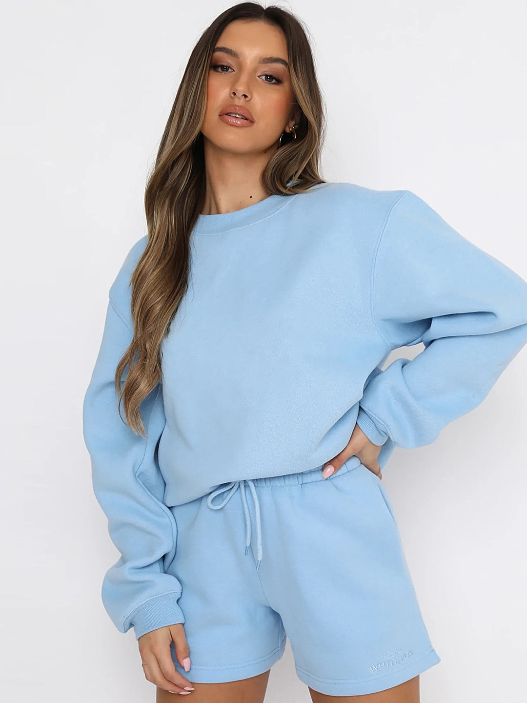 

LULU & SKY Round Neck Loose Fit Sweatshirt & Flared Shorts, Blue