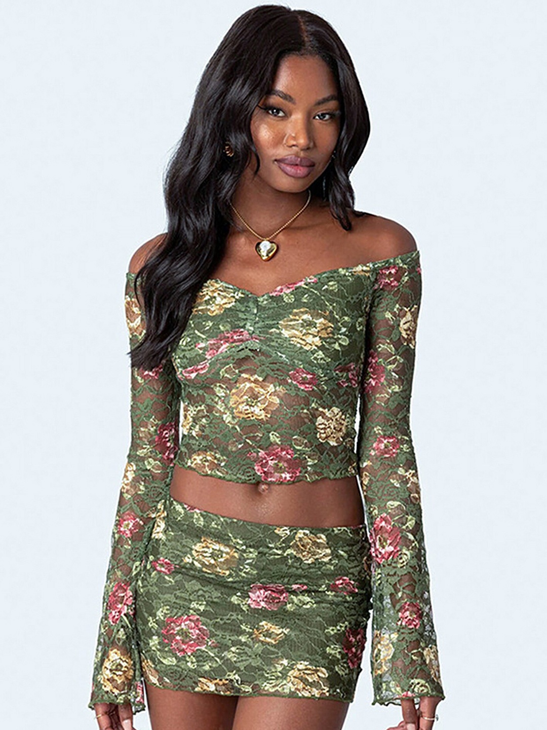 

LULU & SKY Floral Printed Lace Off Shoulder Top With Mini Skirt, Green