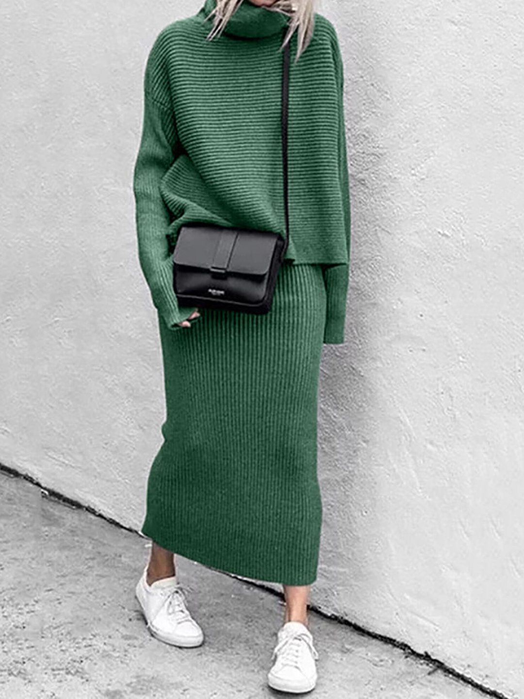 

LULU & SKY Round Neck Self Design Sweater & Long Skirt Co-Ords, Green