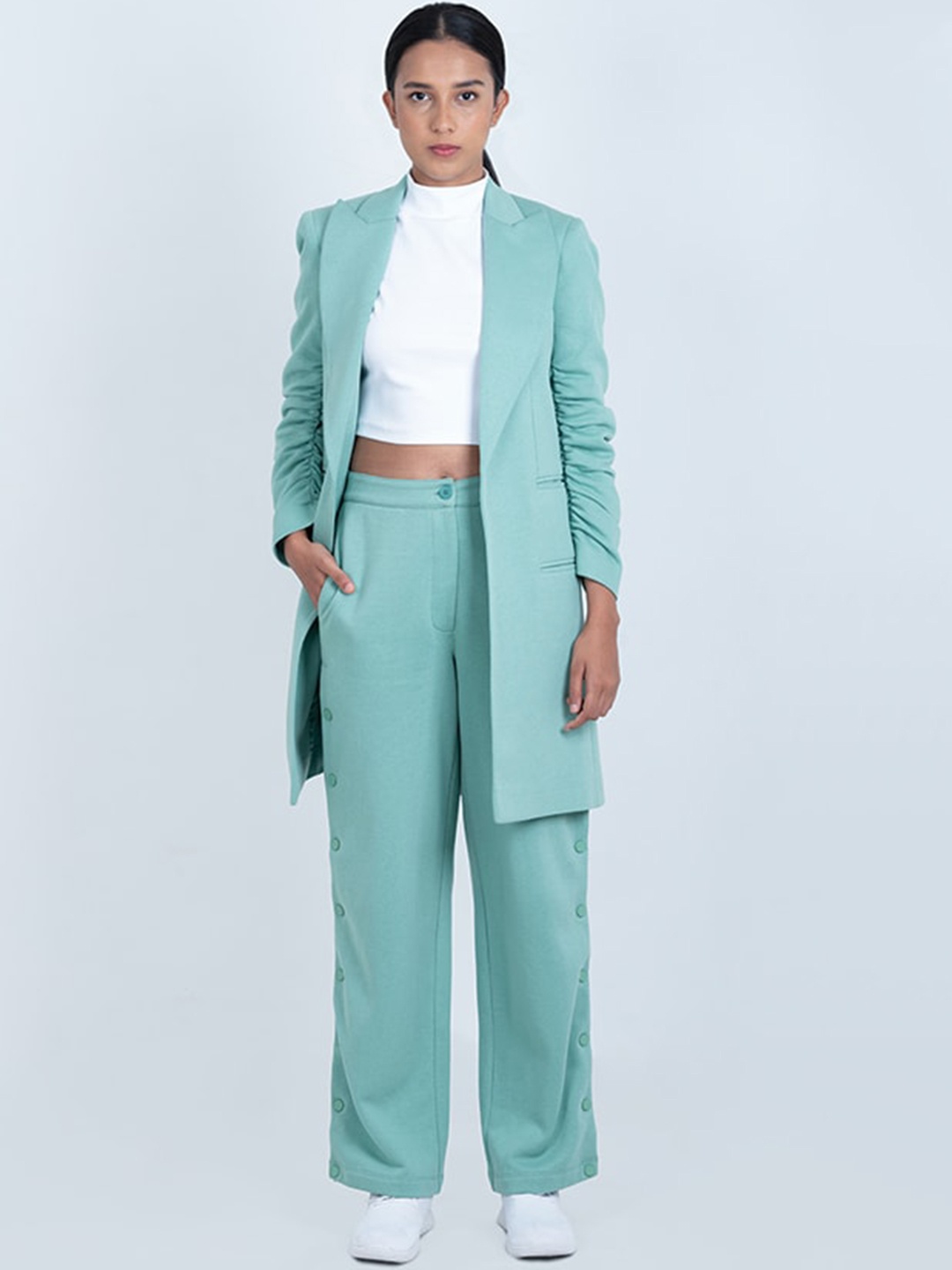 

Muvazo Notched Lapel Collar Long Coat With Trouser, Green