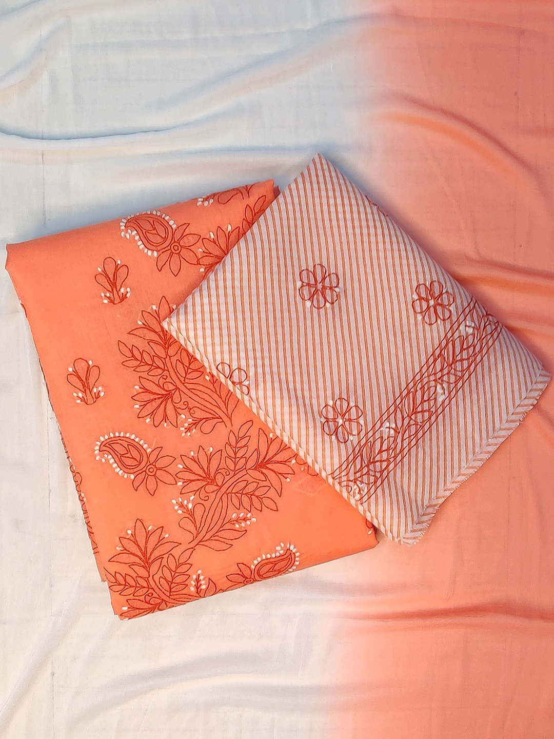

Seva Chikan Ethnic Motifs Embroidered Lucknowi Chikankari Detail Unstitched Dress Material, Peach