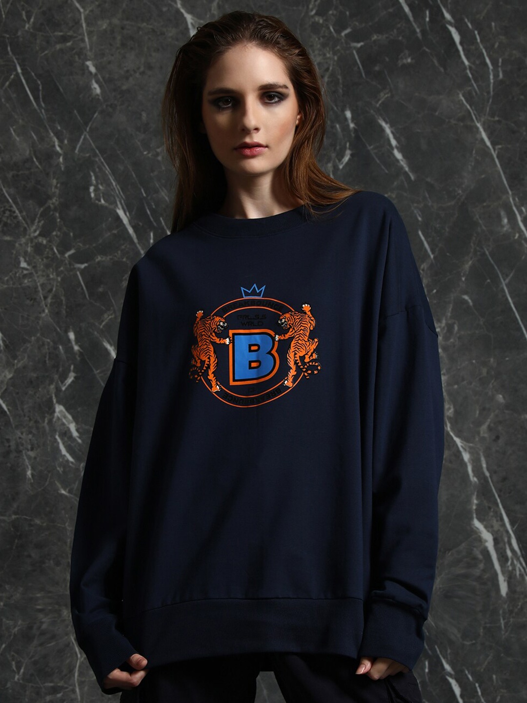 

Breakbounce Relaxed Fit Graphic Printed Hooded Oversized Cotton Sweatshirt, Navy blue