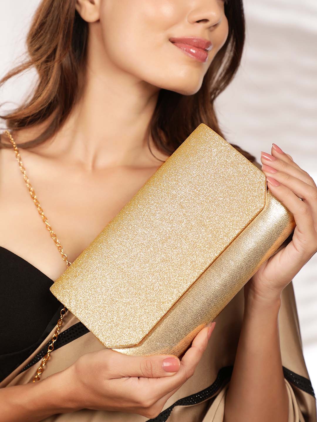 

Rubans Embellished Structured Sling Bag, Gold