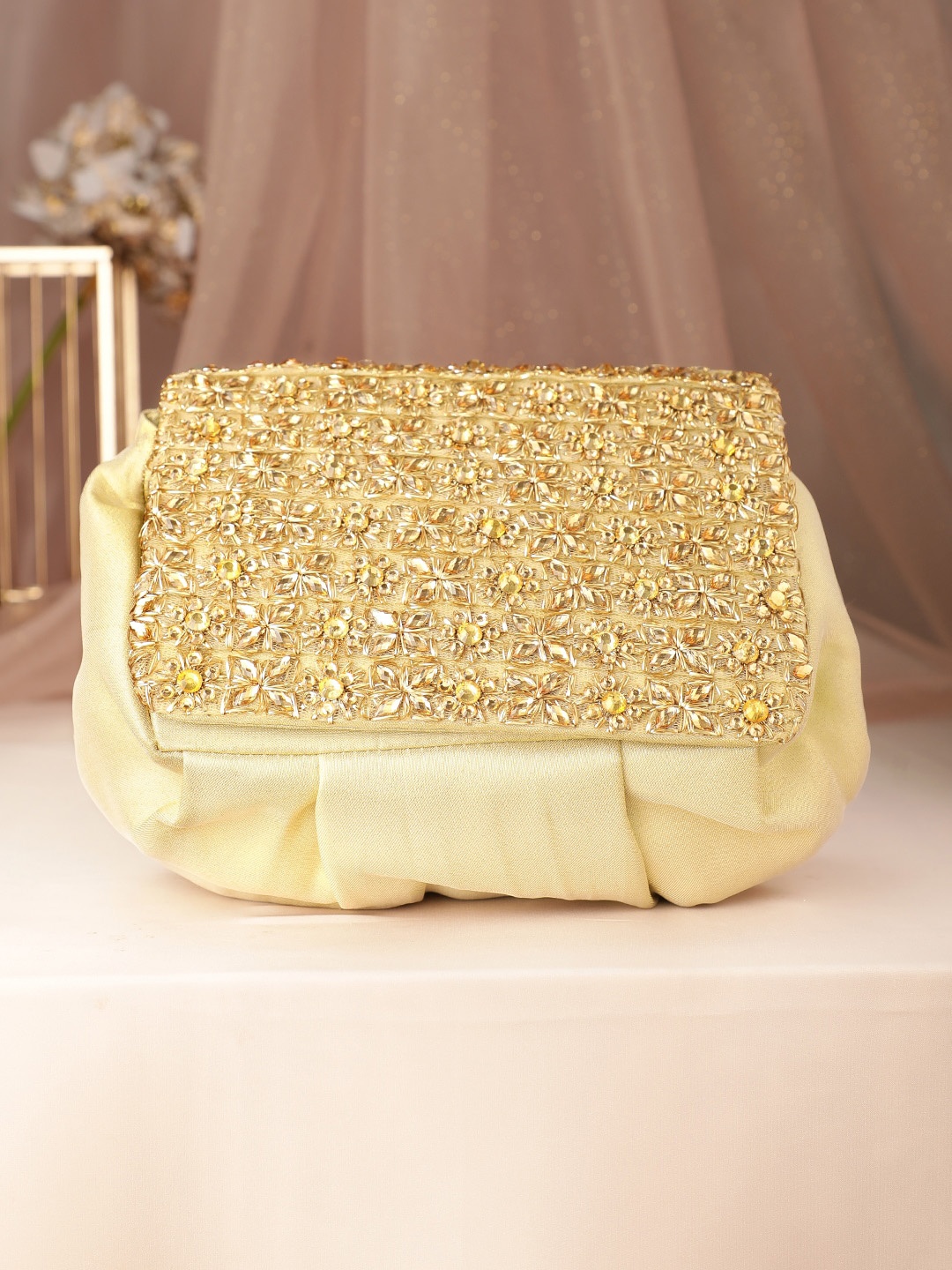 

Rubans Embellished Purse Clutch, Gold