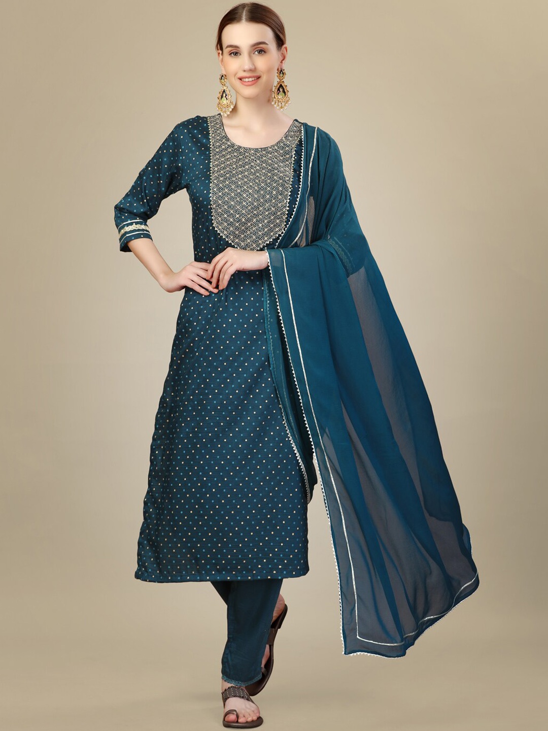 

ARADHNA Ethnic Motifs Printed Thread Work Kurta with Trousers & Dupatta, Blue