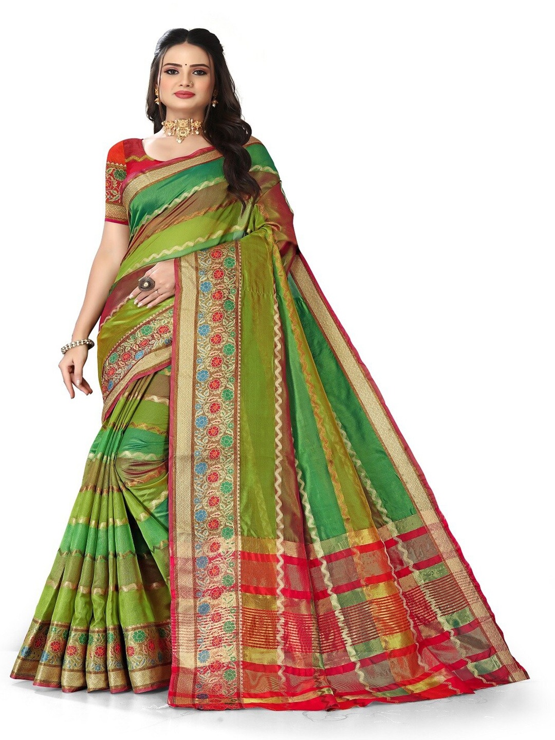 

MAHAMANTRA Woven Design Striped Zari Banarasi Saree, Green