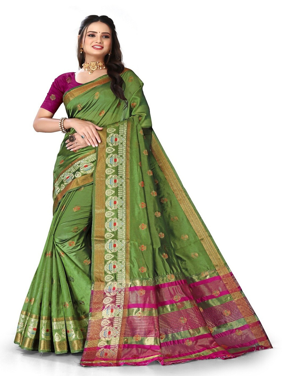 

MAHAMANTRA Ethnic Motifs Woven Design Zari Banarasi Saree, Olive