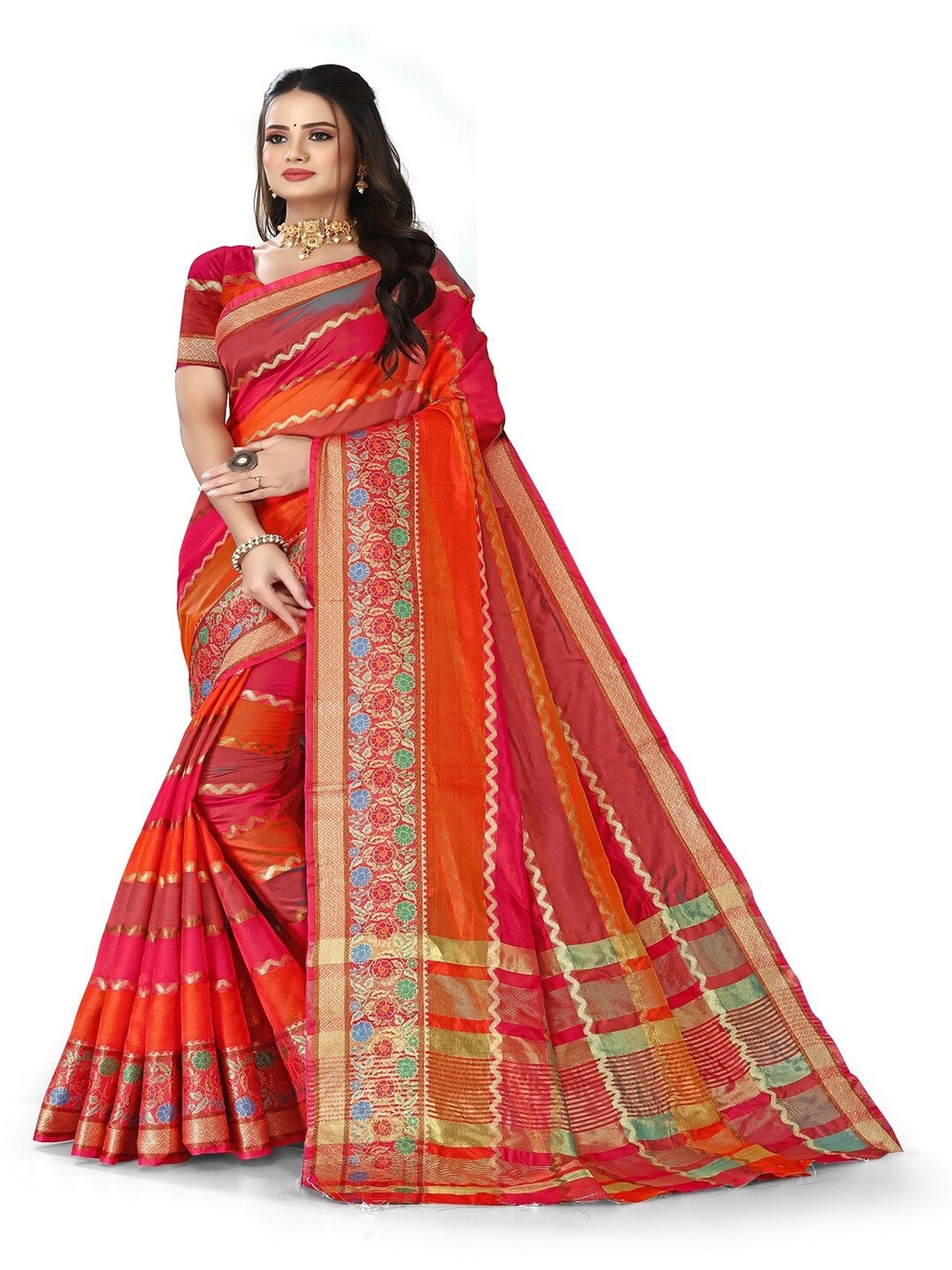

MAHAMANTRA Woven Design Striped Zari Banarasi Saree, Red
