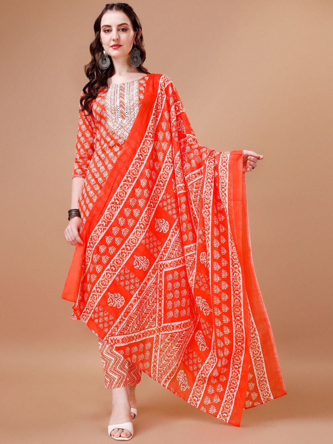 

Berrylicious Floral Printed Thread Work Pure Cotton Kurta With Trousers & Dupatta, Orange