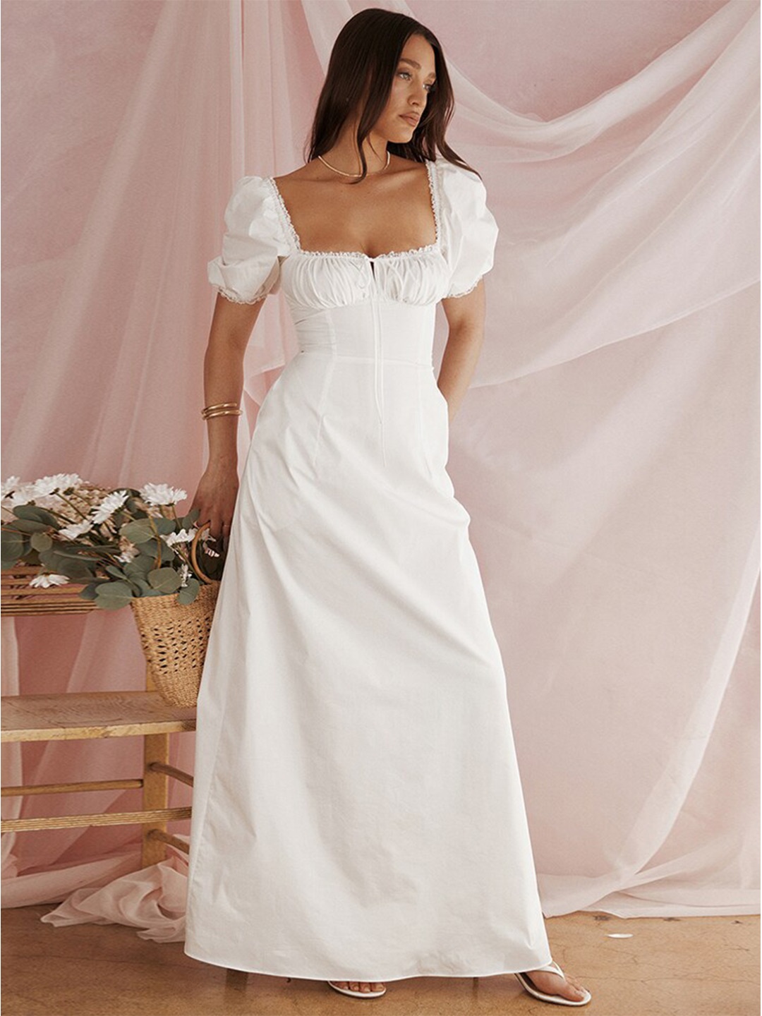 

StyleCast White Square Neck Puff Sleeve Tie Up Maxi Dress