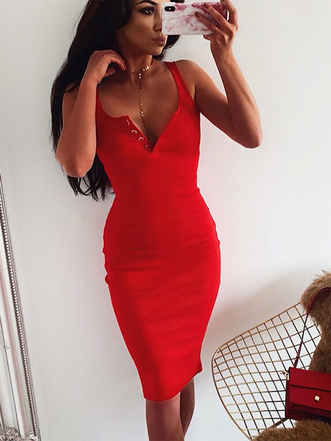 

StyleCast Red Shoulder Straps Bodycon Midi Dress