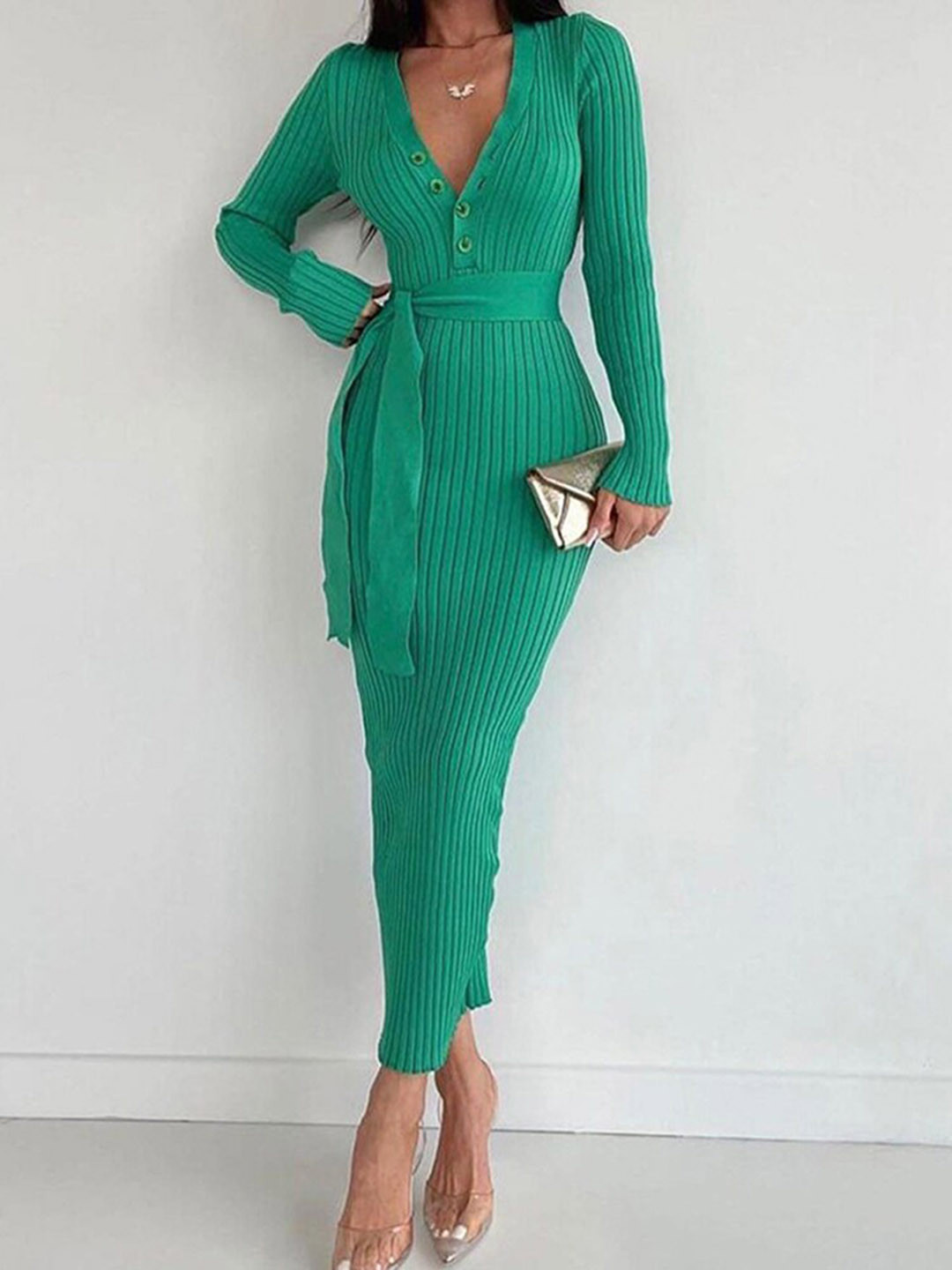

StyleCast Green Ribbed V-Neck Bodycon Maxi Dress