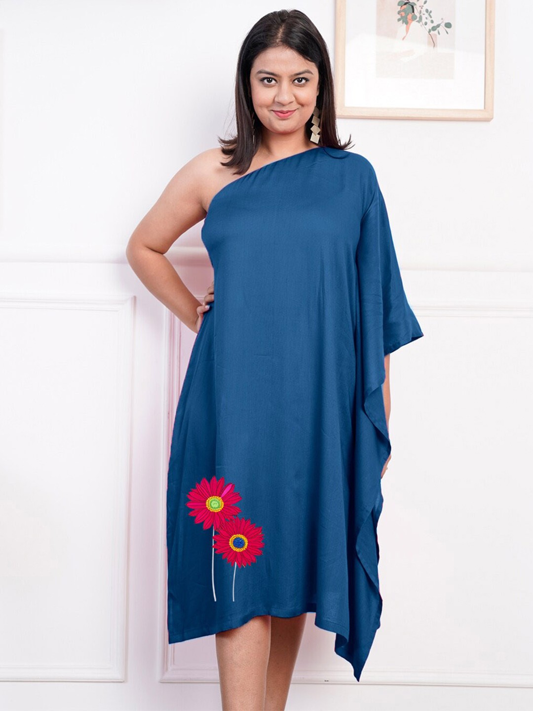 

LetsDressUp Floral Printed One Shoulder A-Line Dress, Teal