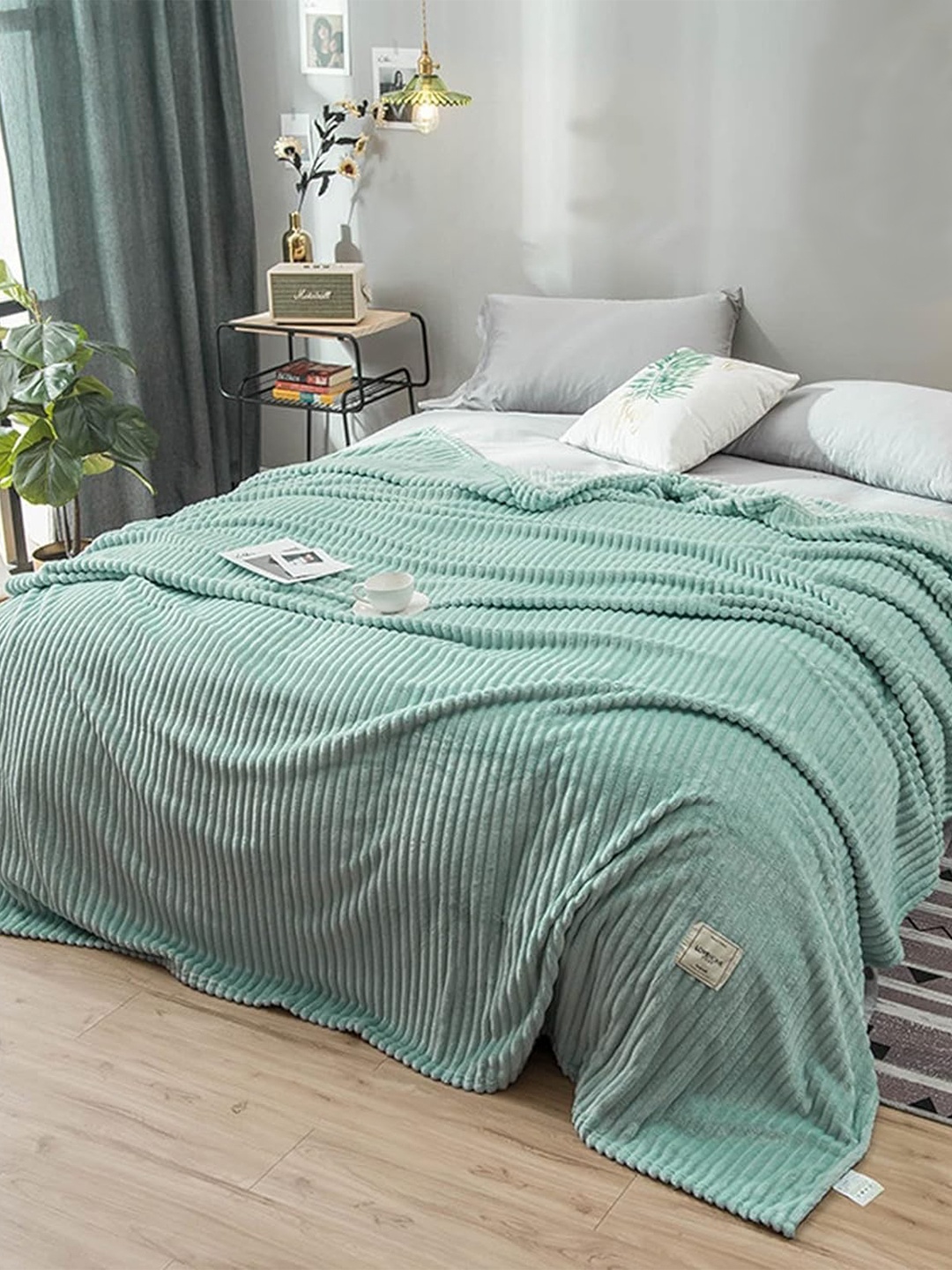 

Sasimo Turquoise Blue Striped Fleece Mild Winter 110 GSM Single Bed Blanket