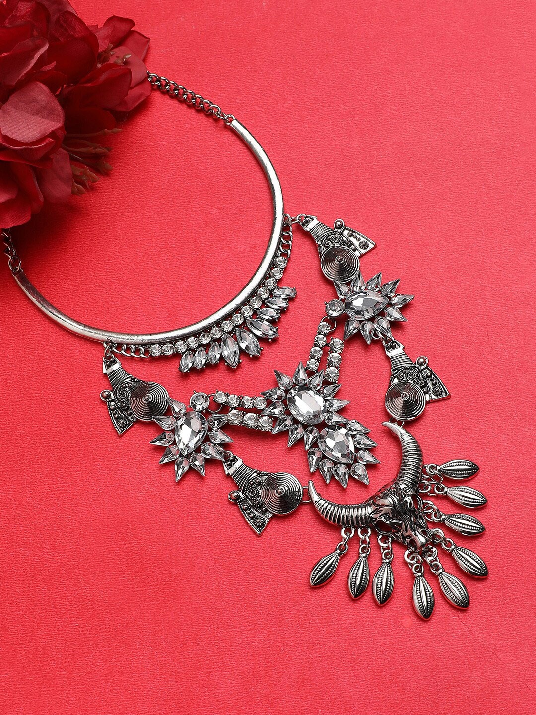 

Sangria Silver-Plated Stone-Studded Layered Drop Necklace