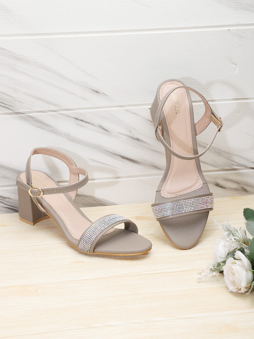 

Gibelle Embellished Party Block Heels With Backstrap, Grey