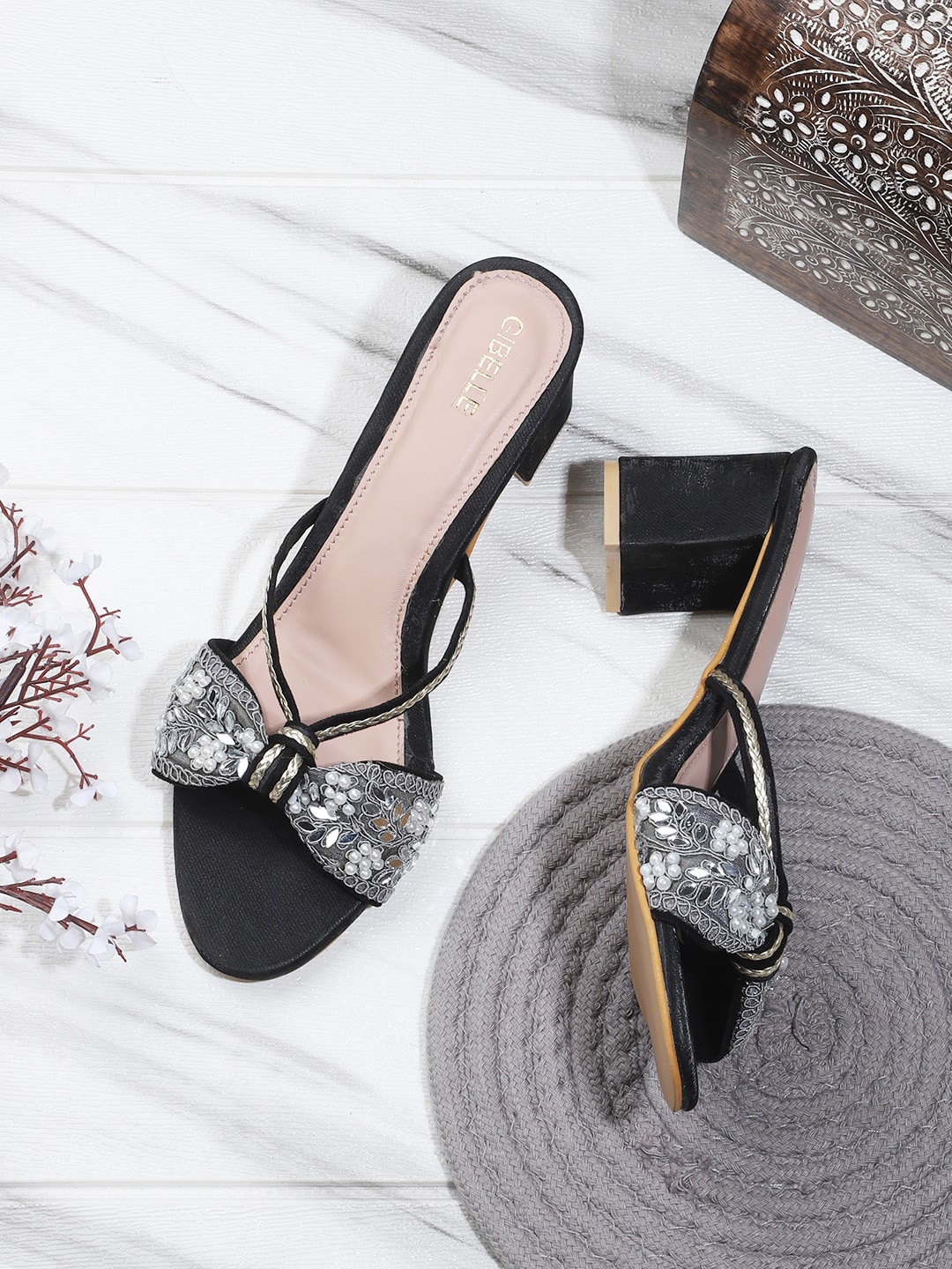 

Gibelle Ethnic Embellished Block Heels, Black