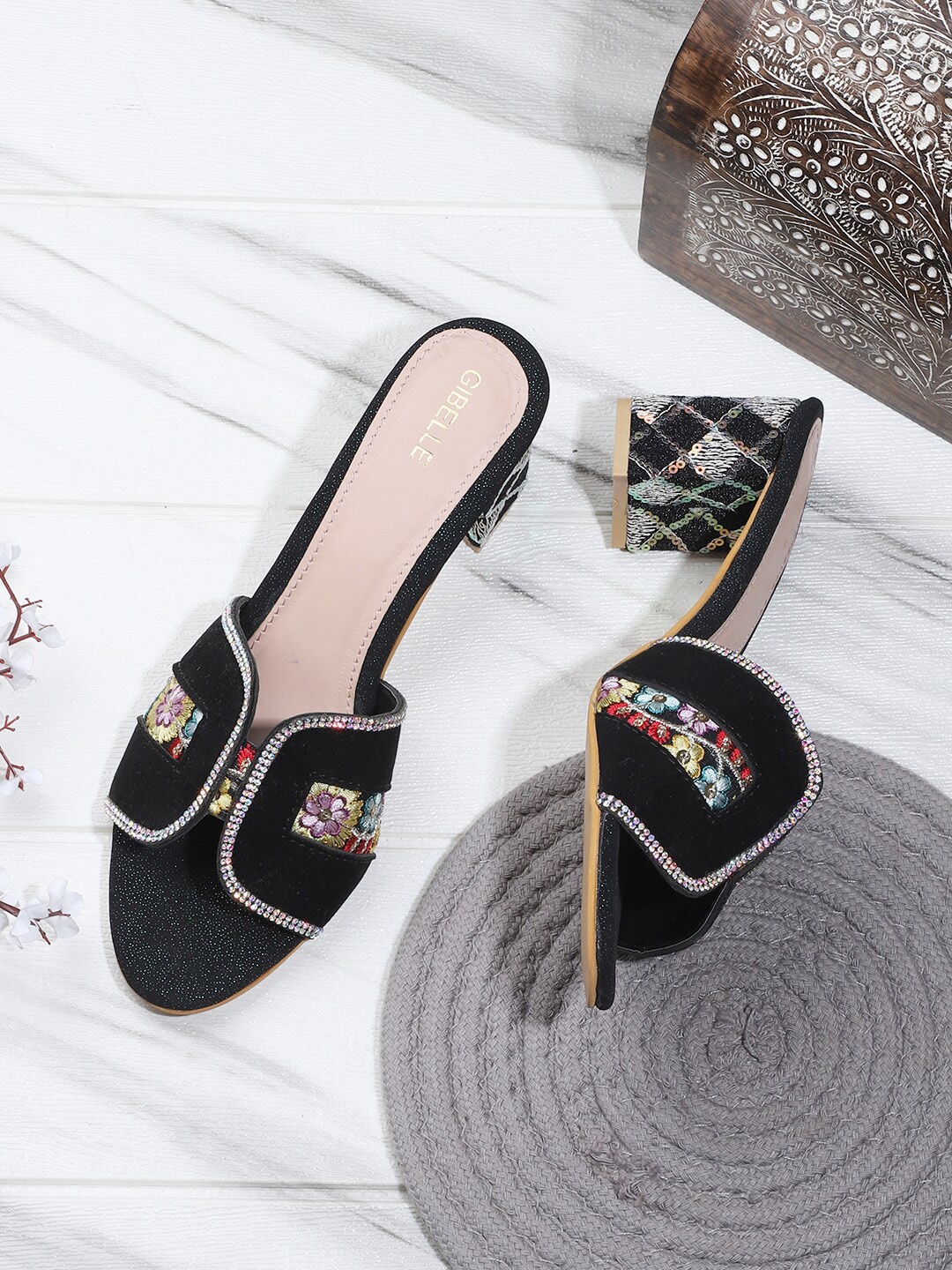

Gibelle Ethnic Embroidered Suede Block Heels, Black