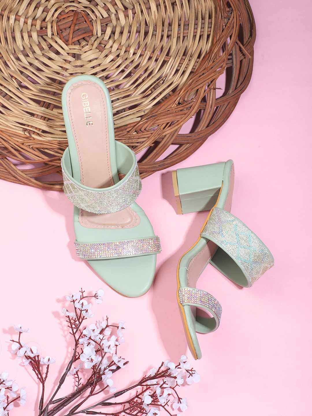 

Gibelle Ethnic Embellished Block Heels, Sea green
