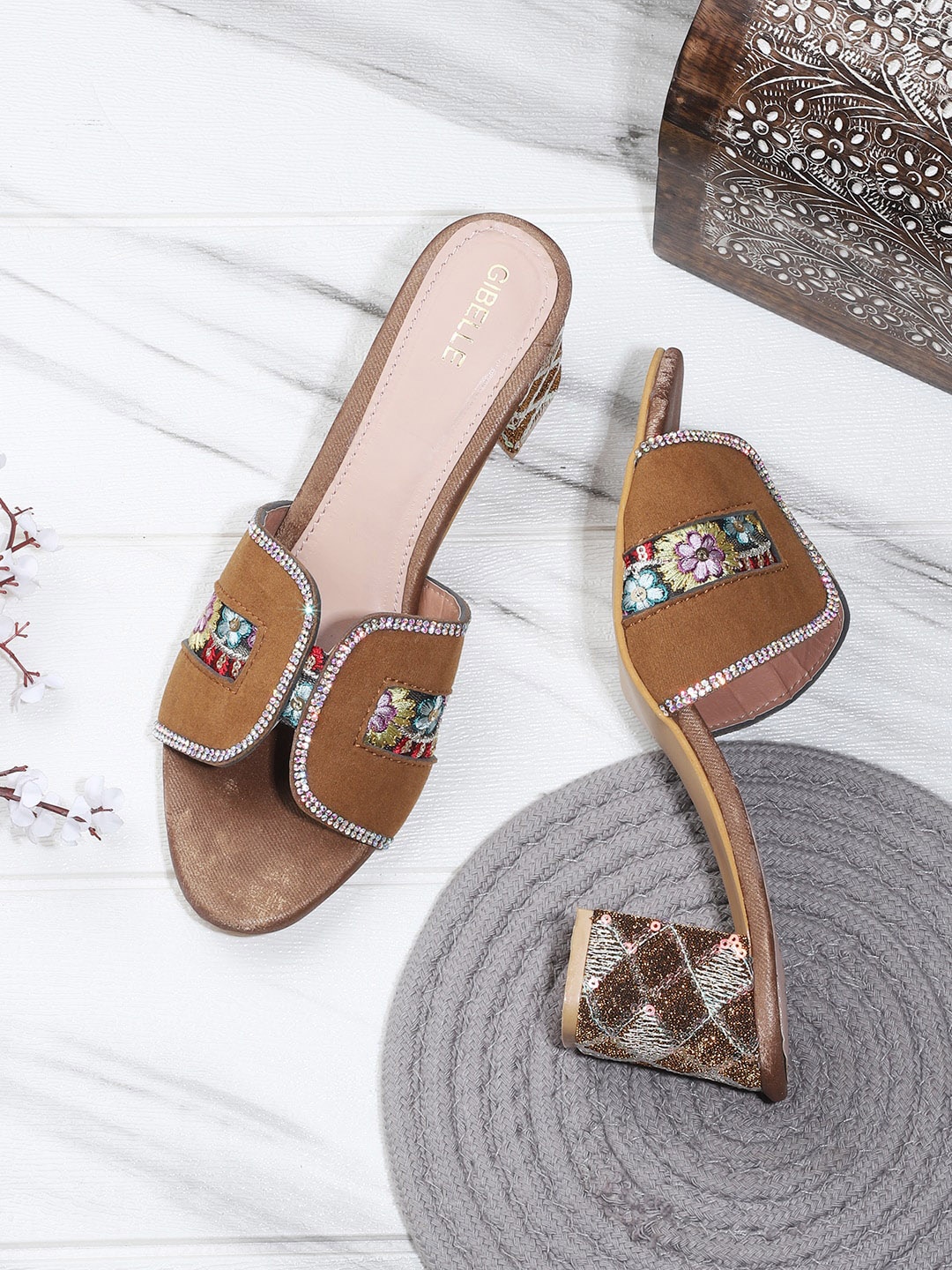 

Gibelle Ethnic Embroidered Suede Block Heels, Tan