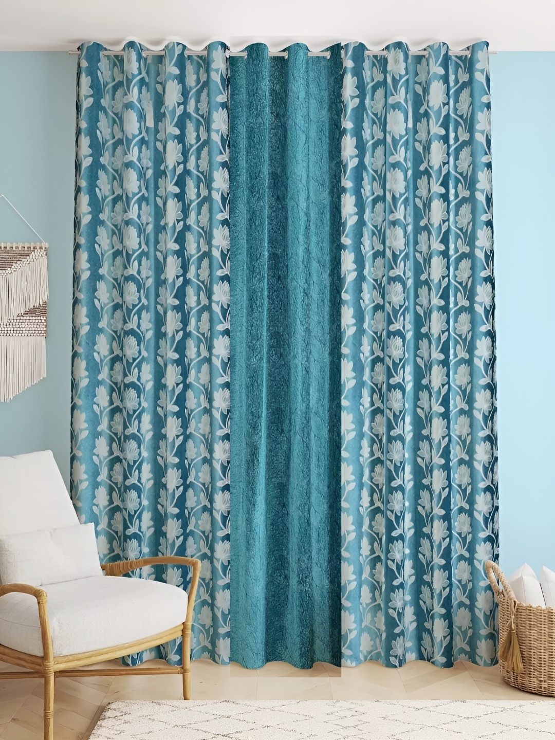 

stuffique Teal & White 3 Pieces Floral Door Curtain