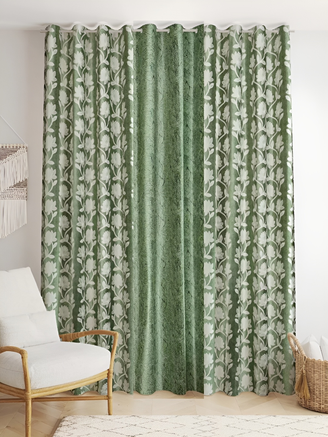 

stuffique Green & White 3 Pieces Floral Door Curtain