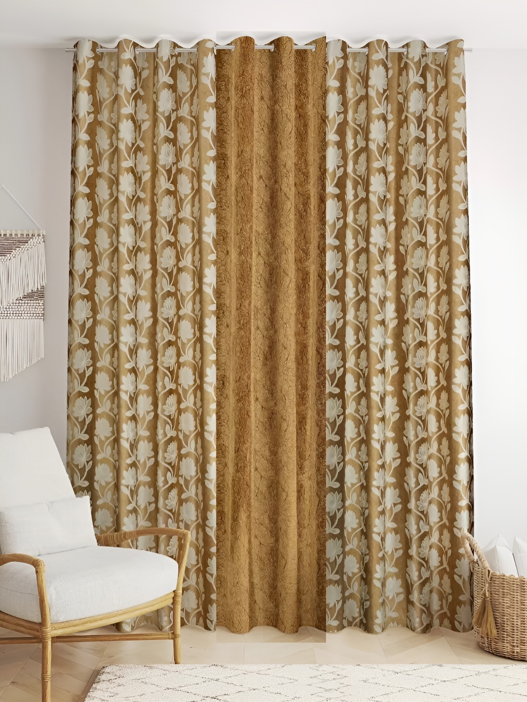 

stuffique Gold Toned & White 3 Pieces Floral Long Door Curtain