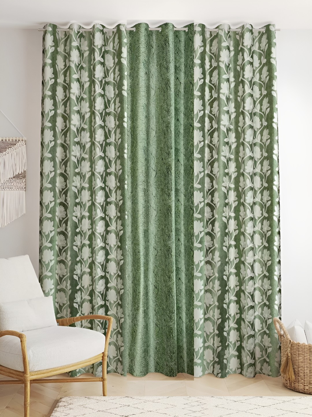 

stuffique Green & White 3 Pieces Floral Window Curtain
