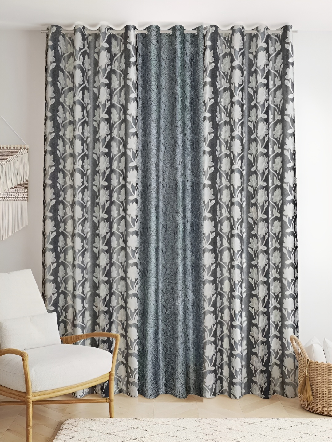 

stuffique Grey & White 3 Pieces Floral Door Curtain
